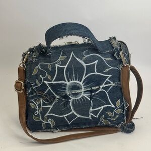 Frayed Denim Handbag with Brown Accents